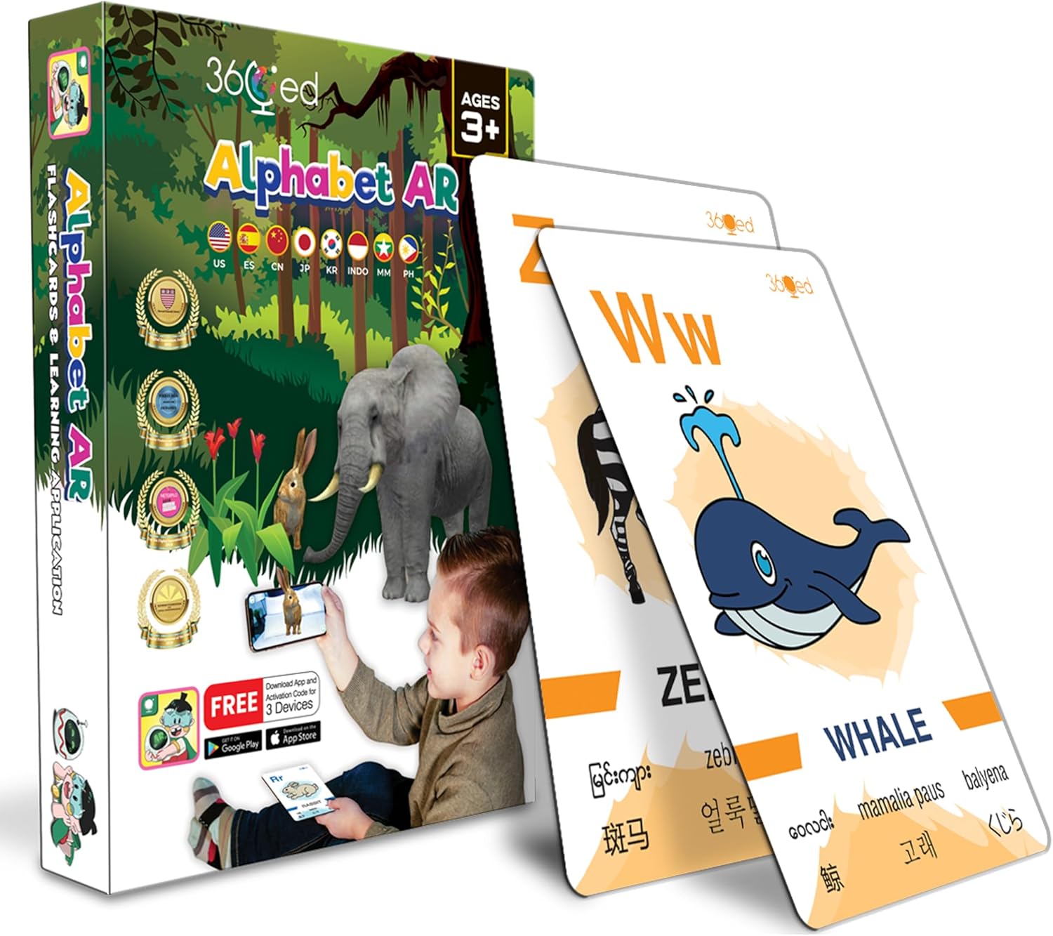 Alphabet AR: Augmented Reality English Alphabet Learning, 4D Interactive Flashcards, 8 Languages, for Ages 3+, 30 Cards and Activity Booklet