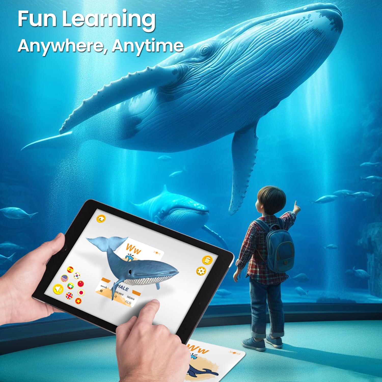 Alphabet AR: Augmented Reality English Alphabet Learning, 4D Interactive Flashcards, 8 Languages, for Ages 3+, 30 Cards and Activity Booklet